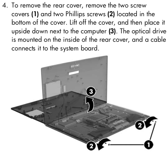 To remove the rear cover, remove the two screw covers (1) and two Phillips screws (2) located in the bottom of the cover.