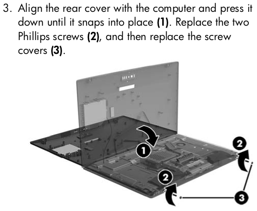 Align the rear cover with the computer and press it down until it snaps into place (1). Replace the two Phillips screws (2), and then replace the screw covers (3).