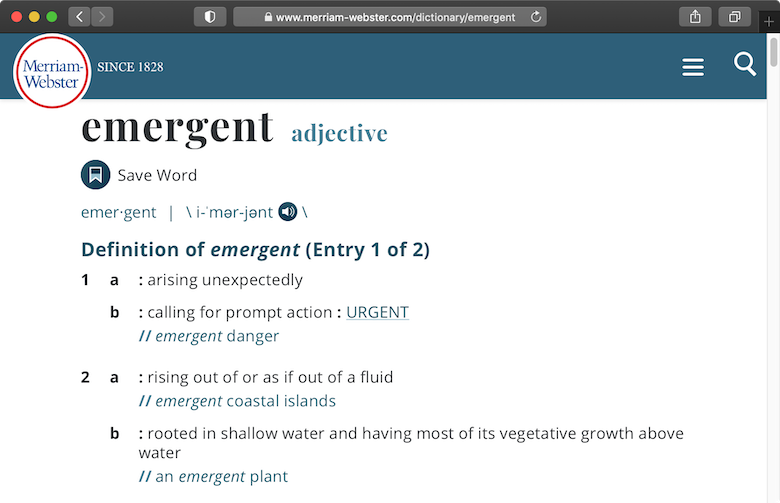 Emergent definition from merriam-webster.com: calling for prompt action : URGENT