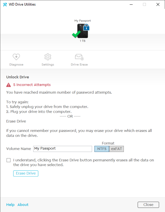 WD Drive Utilities: Erase Drive