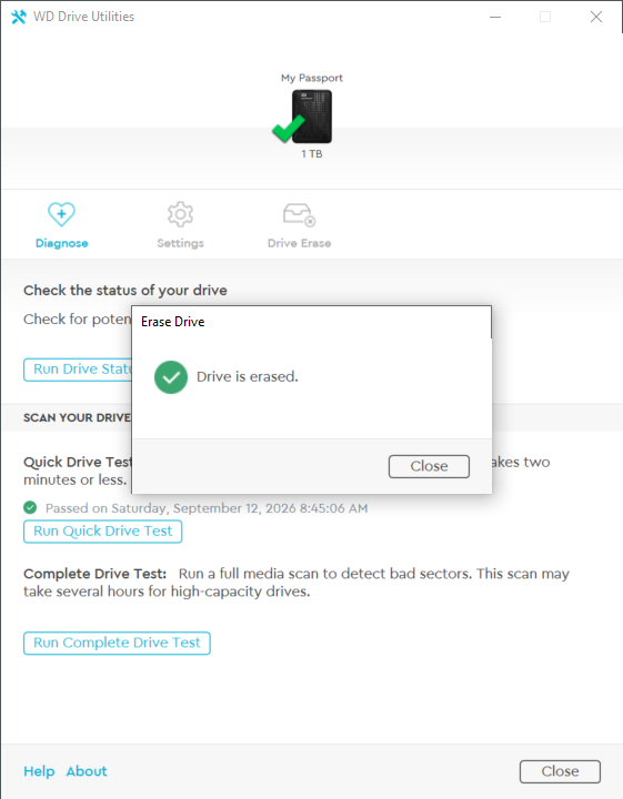 WD Drive Utilities: Drive is erased.