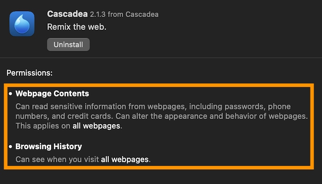 Webpage Contents: Can read sensitive information from webpages, including passwords, phone numbers, and credit cards. Can alter the appearance and behavior of webpages. This applies on all webpages. Browsing History: Can see when you visit all webpages.