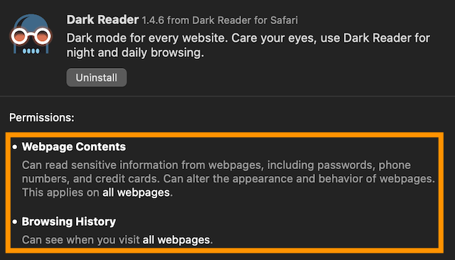 Webpage Contents: Can read sensitive information from webpages, including passwords, phone numbers, and credit cards. Can alter the appearance and behavior of webpages. This applies on all webpages. Browsing History: Can see when you visit all webpages.