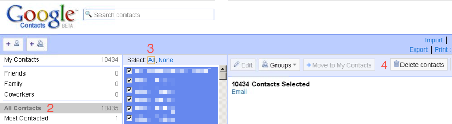Delete all GMail contacts