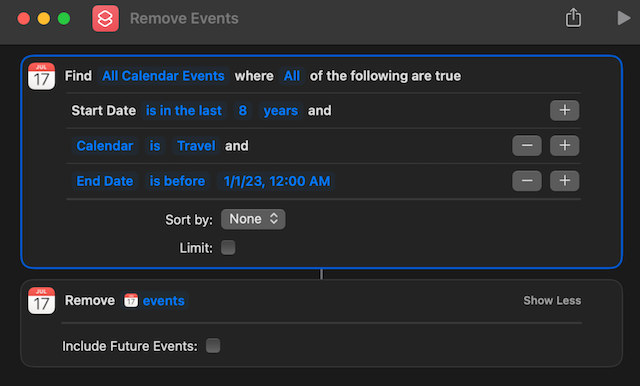 Batch deleting events in a given calendar via Shortcuts.app